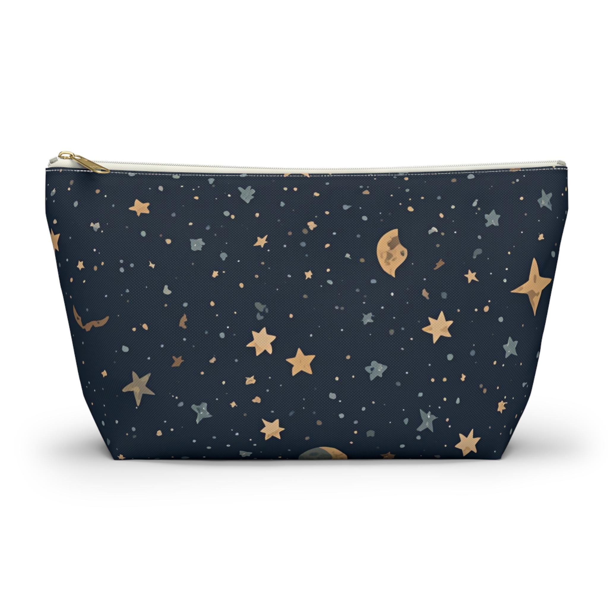 Celestial moon and stars T-bottom cosmetic pouch front view — navy blue with gold star and crescent moon print
