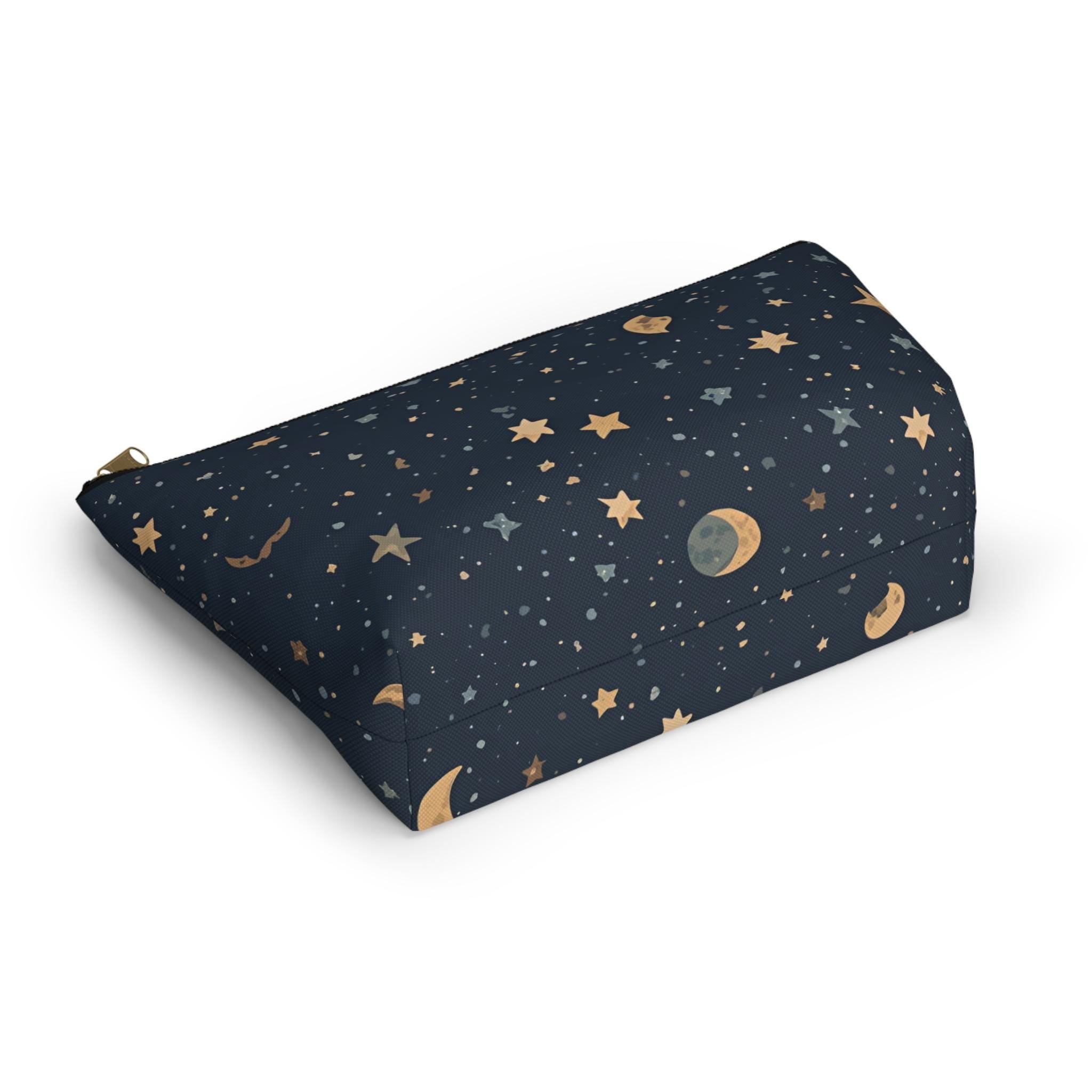 Celestial moon and stars T-bottom cosmetic pouch front view — navy blue with gold star and crescent moon print
