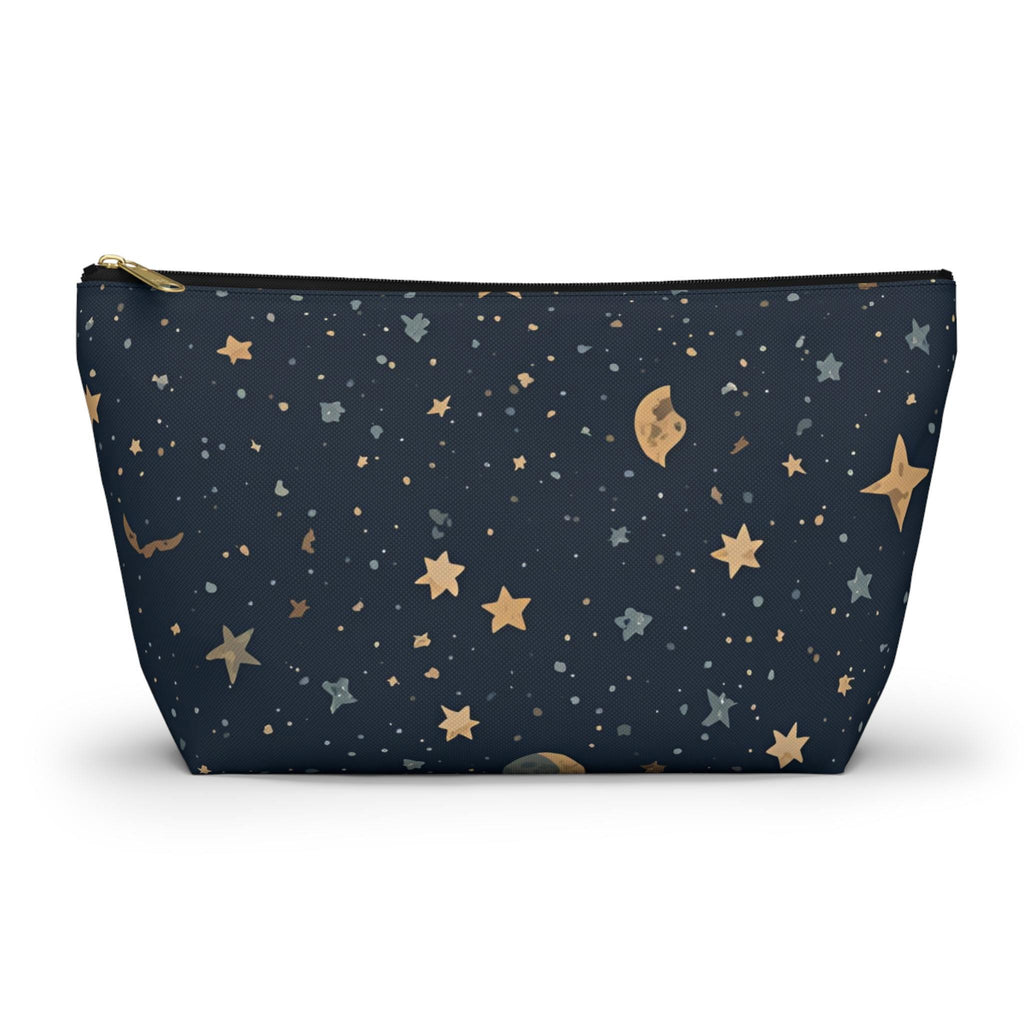 Celestial moon and stars T-bottom cosmetic pouch front view — navy blue with gold star and crescent moon print
