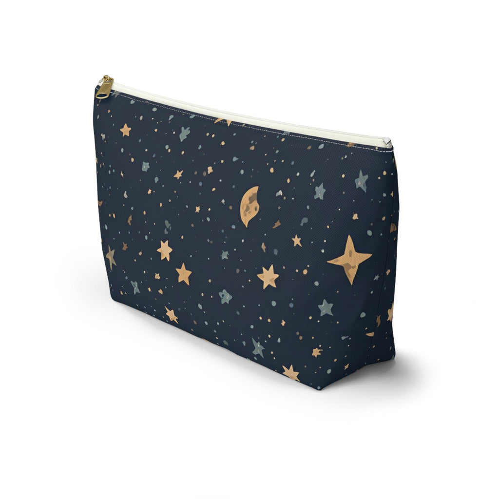 Celestial moon and stars T-bottom cosmetic pouch side angle — navy blue travel pouch showing structured base
