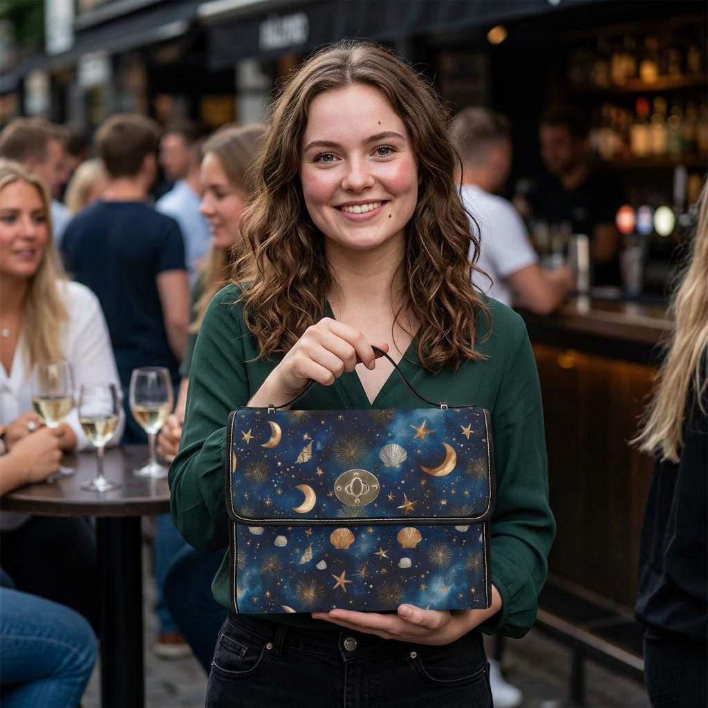 Celestial seashell waterproof canvas cross body bag — woman holding boho moon and star bag at night out