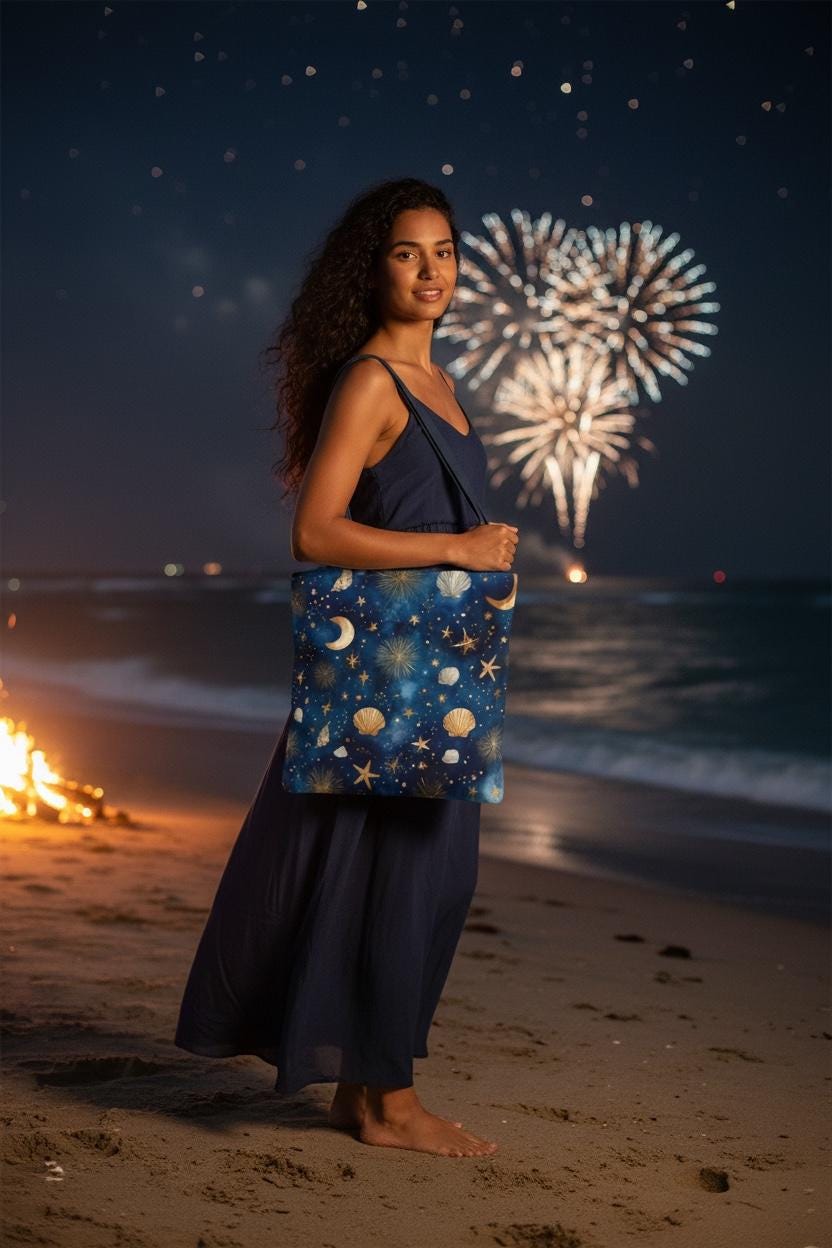 Celestial seashells tote bag in deep blue with moon and star print — woman on beach at night