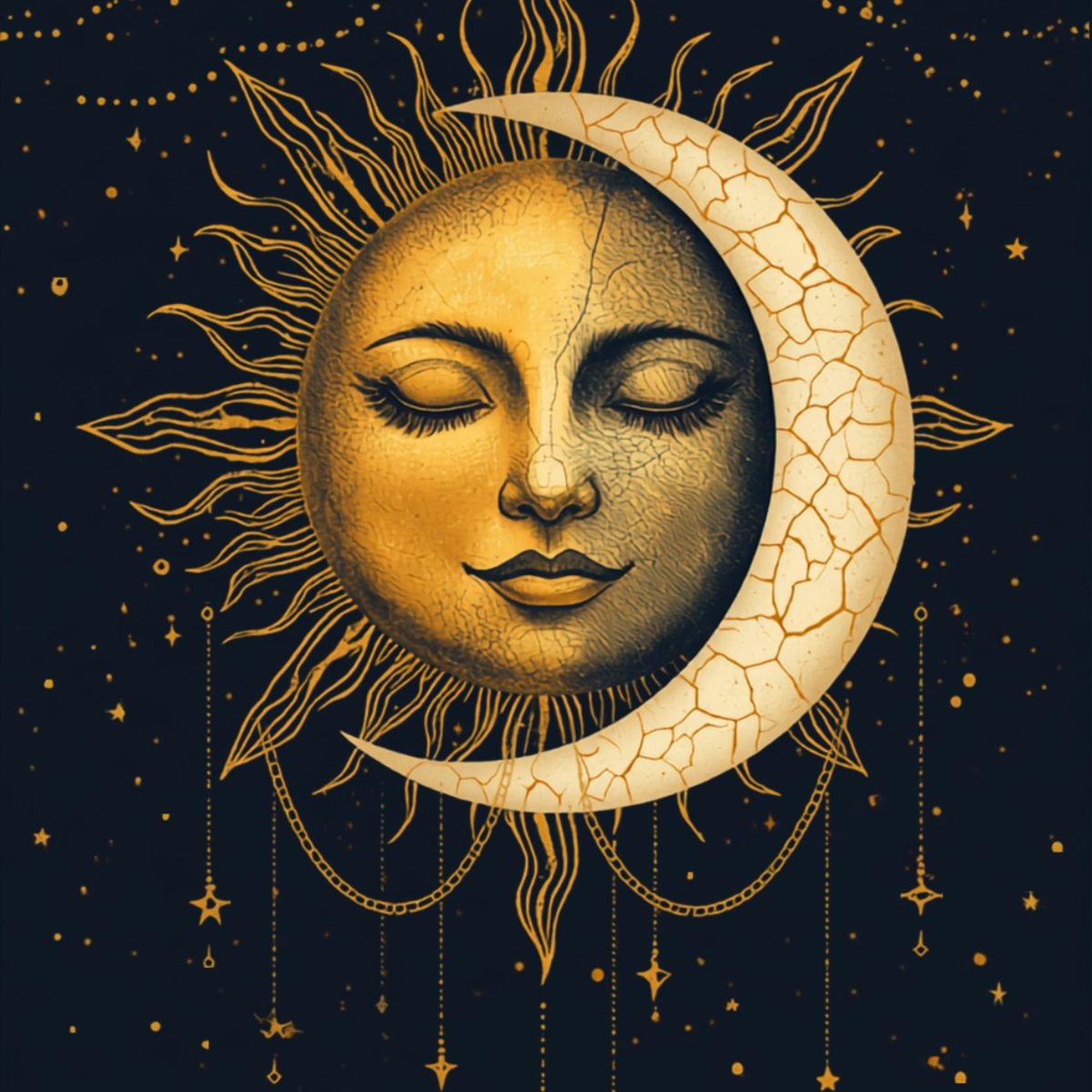 Golden sun face with closed eyes inside a crown of flowing gold rays, beside a cracked ivory crescent moon on a midnight navy background with falling gold stars.