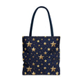 old star pattern tote bag front view — navy night sky all-over print canvas tote