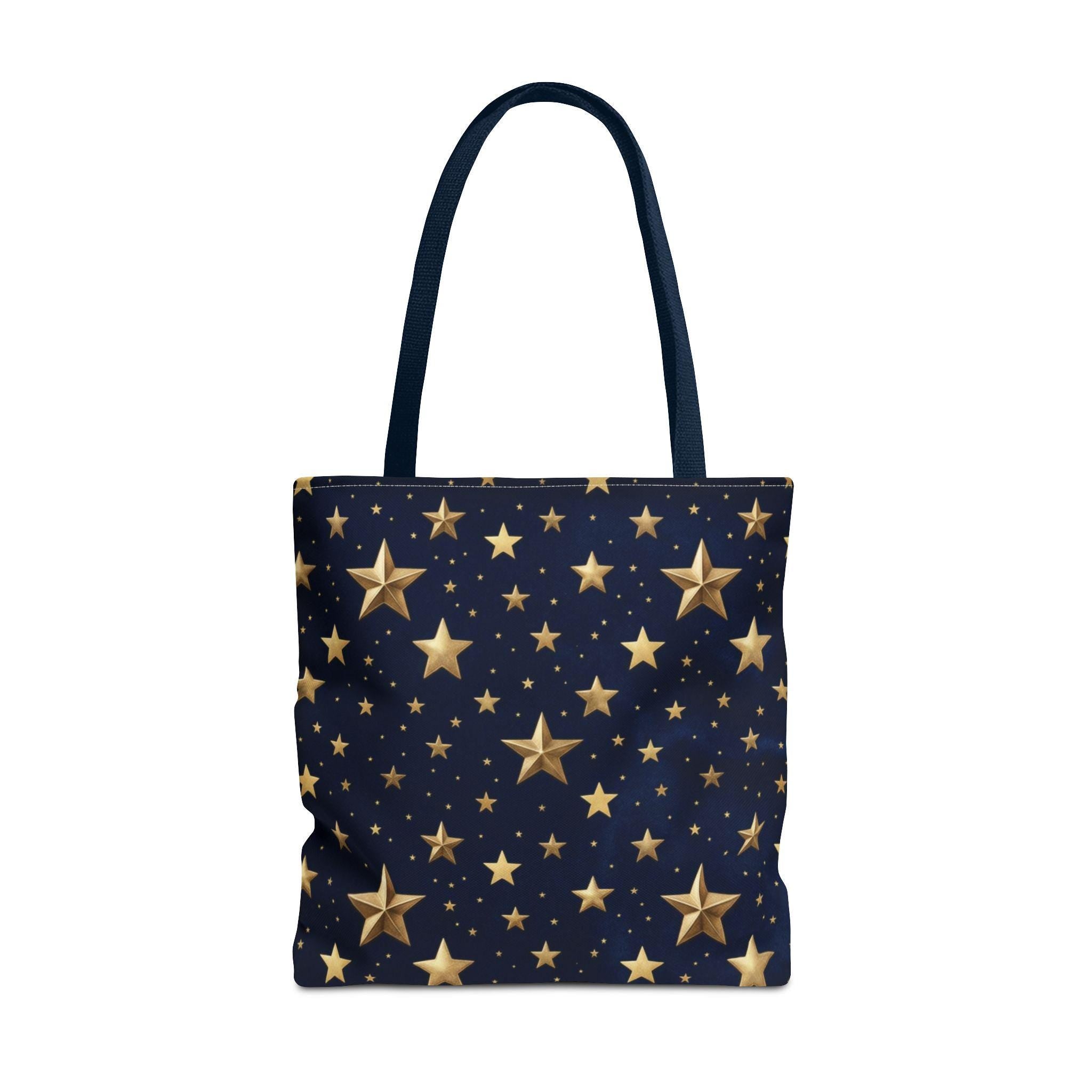 old star pattern tote bag front view — navy night sky all-over print canvas tote