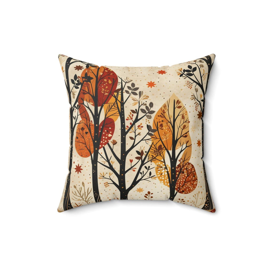 Autumn tree illustration pillow in a cozy living room