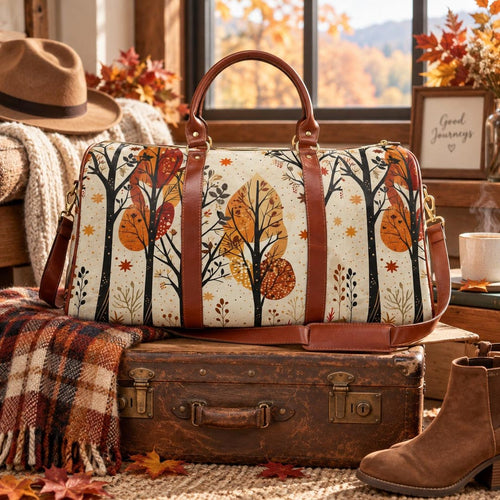 Autumn forest duffle bag with orange fall leaves and woodland trees, waterproof weekender travel bag