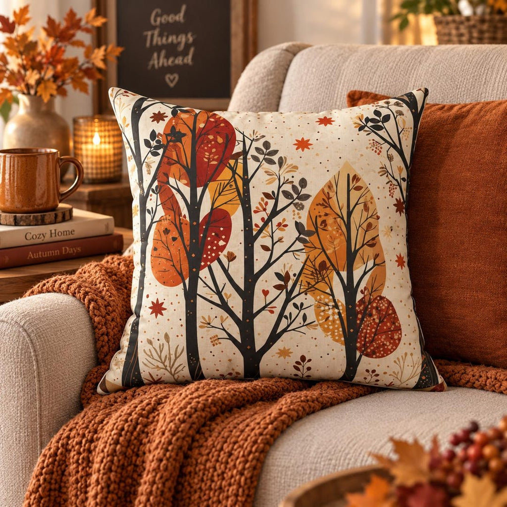 Autumn trees throw pillow with burnt orange and russet fall leaves on a soft cream background