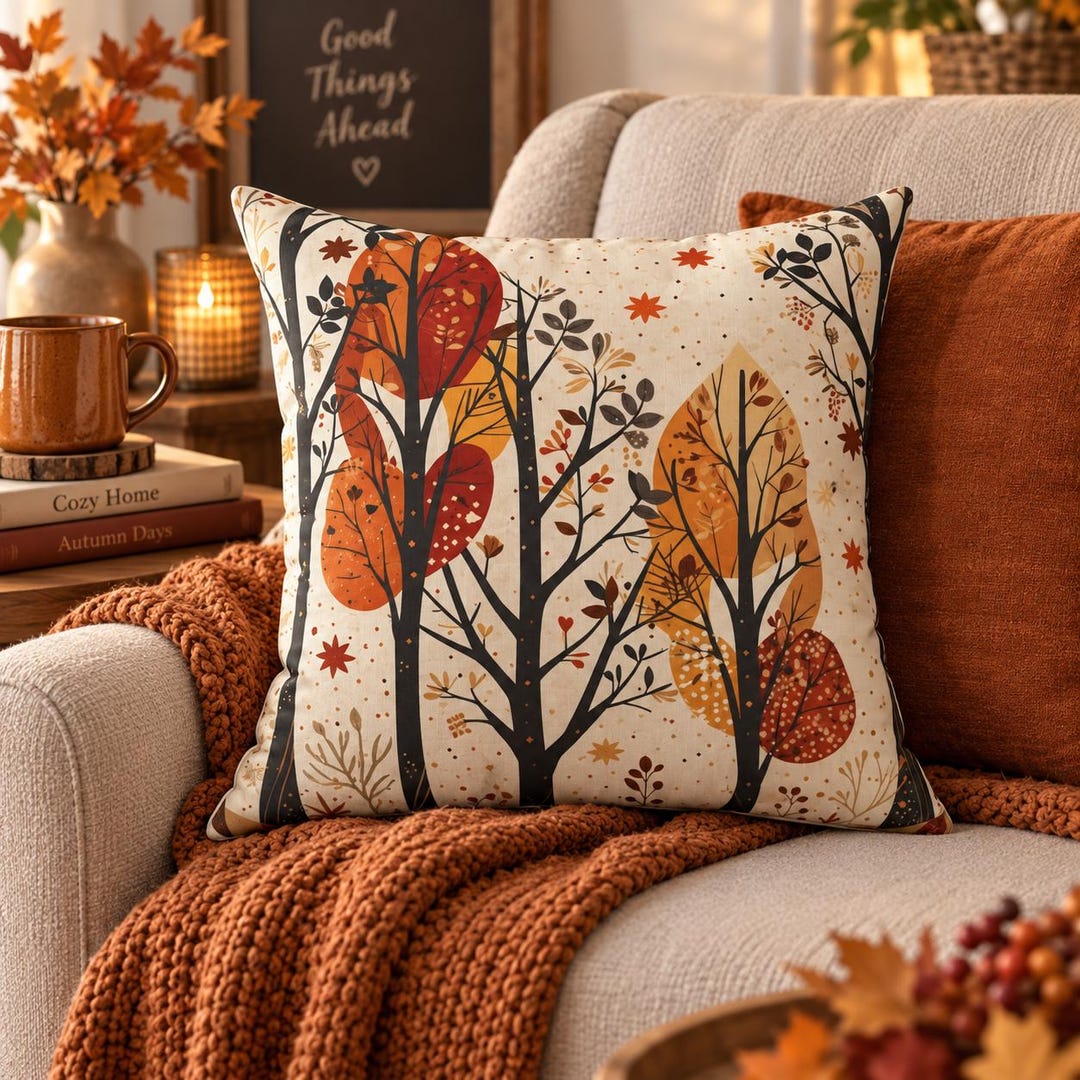 Autumn trees throw pillow with burnt orange and russet fall leaves on a soft cream background