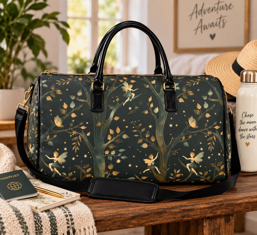 Enchanted forest fairy duffel bag in dark green with gold leaves, twisting trees, and tiny fairies, styled with a shoulder strap, sun hat, passport, and journal