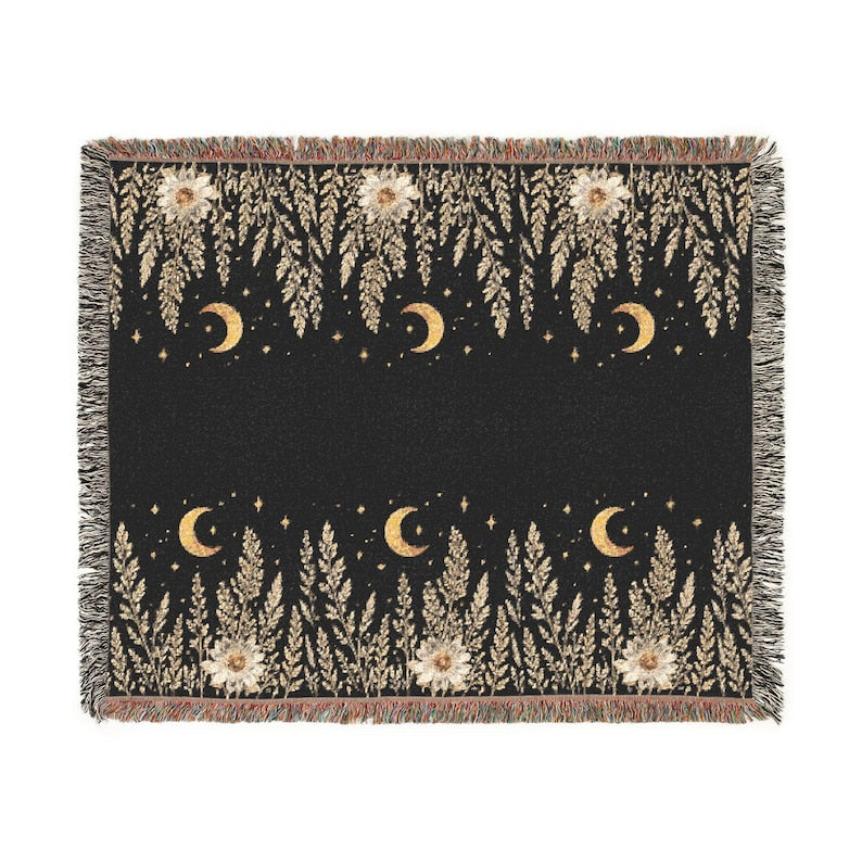 Celestial night garden woven throw blanket with decorative fringe