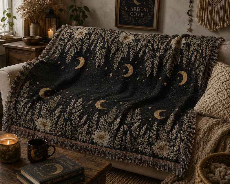 Black woven cotton throw blanket with celestial moon phases and daisy floral border, draped over a boho-style sofa