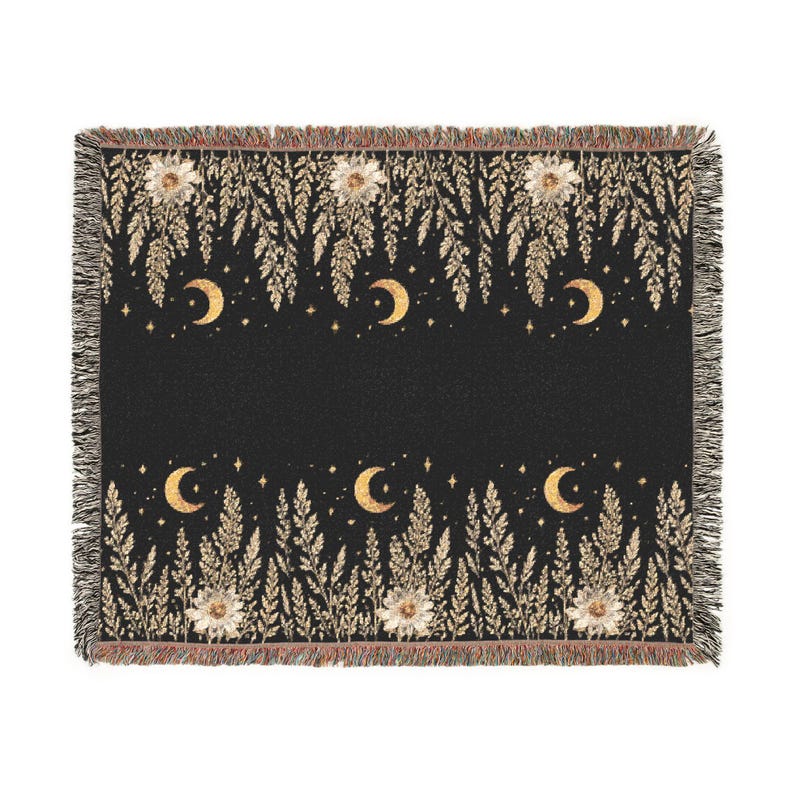 Celestial night garden woven throw blanket with decorative fringe, detail view