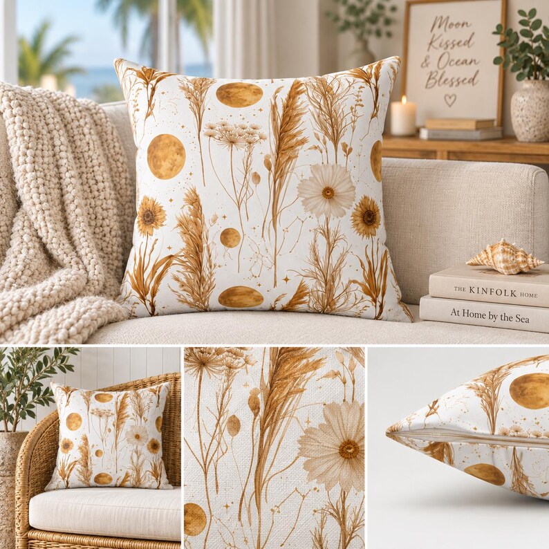 Golden wildflower and moon pattern throw pillow on a wicker armchair