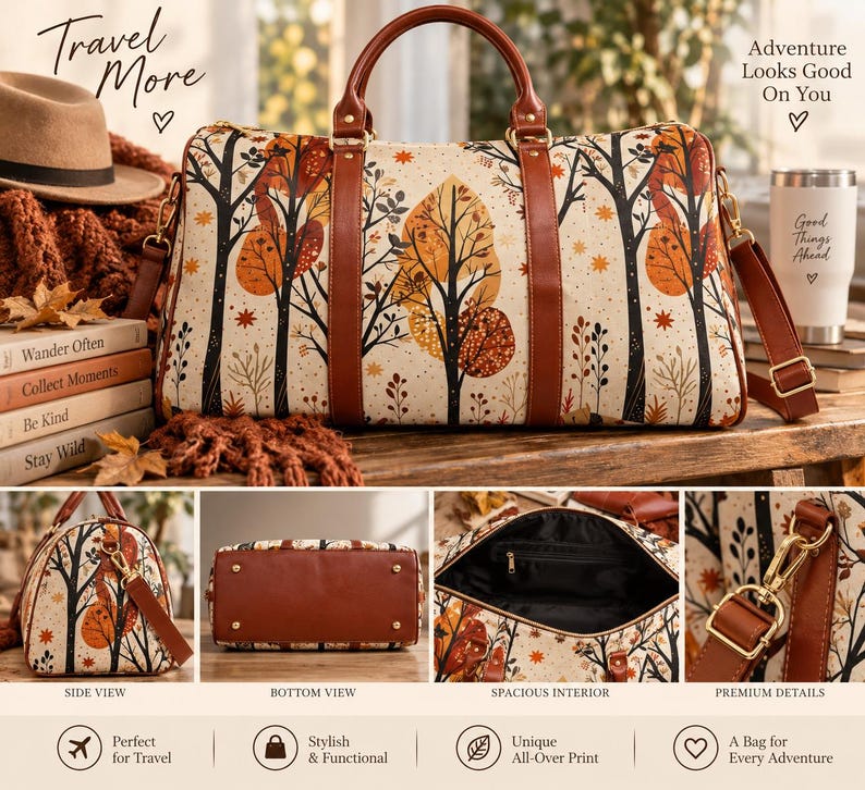 Fall leaves travel bag with brown PU leather handles and adjustable shoulder strap