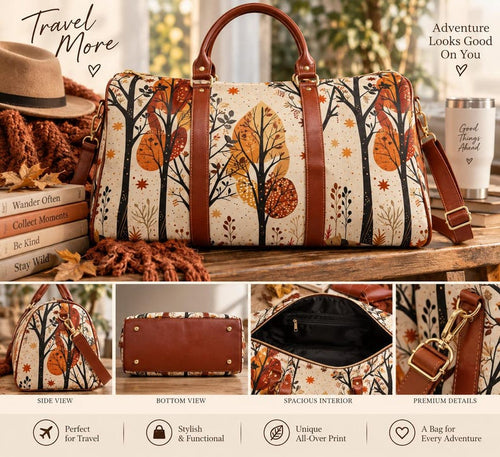 Fall leaves travel bag with brown PU leather handles and adjustable shoulder strap