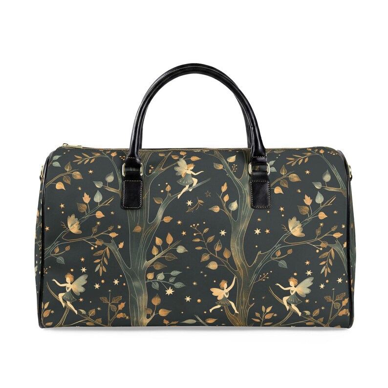 Dark green faux leather fairy tree duffel bag with glossy black top handles and gold star dots on a white background