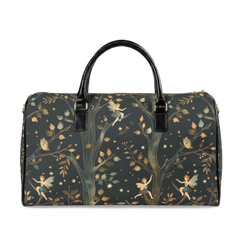 Front view of fairy tree woodland duffel bag with twisting trees, golden leaves, and tiny winged fairies