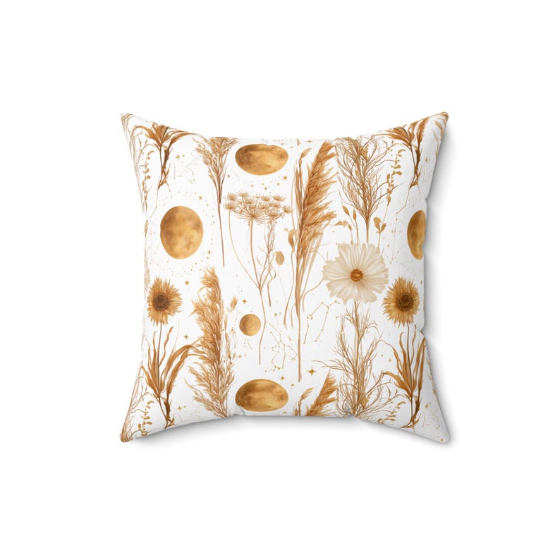Close-up of golden wildflower and moon botanical pattern fabric texture