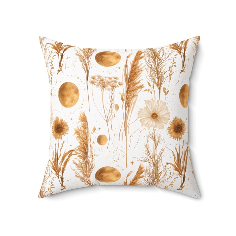 Golden wildflower and moon pattern pillow with pampas grass and daisy motifs