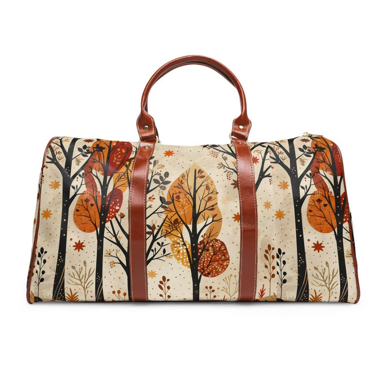 Waterproof autumn tree weekender bag with vivid all-over woodland print