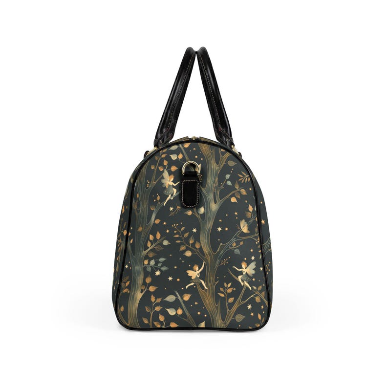 Side view of fairy tree faux leather weekender duffel bag with black top handles