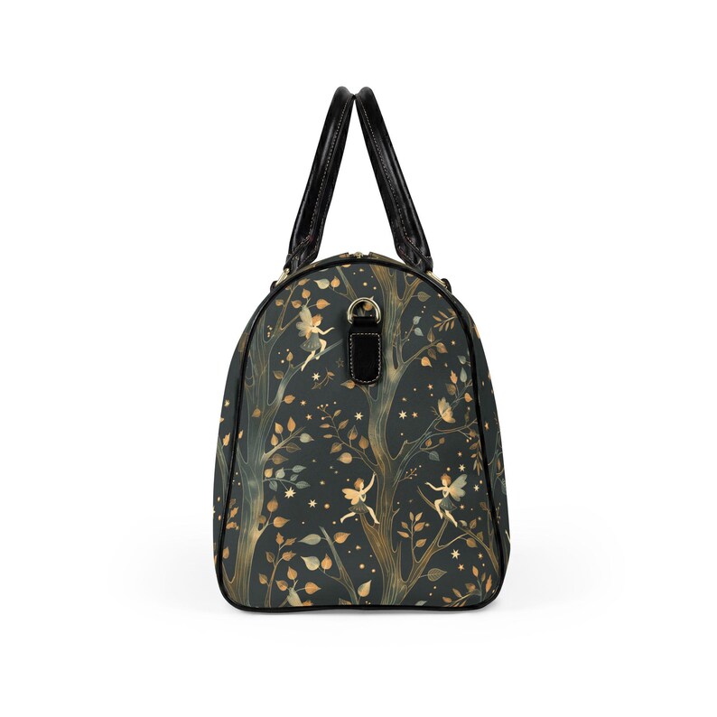 Enchanted forest fairy print duffel bag detail with golden and copper leaves
