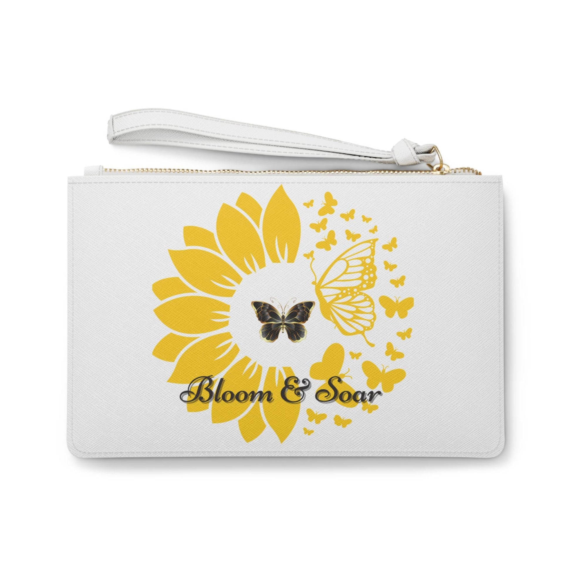 Bloom & Soar Clutch Bag, Floral Makeup Pouch, Butterfly Wristlet, Cute Gift for Her, Spring Party Accessory