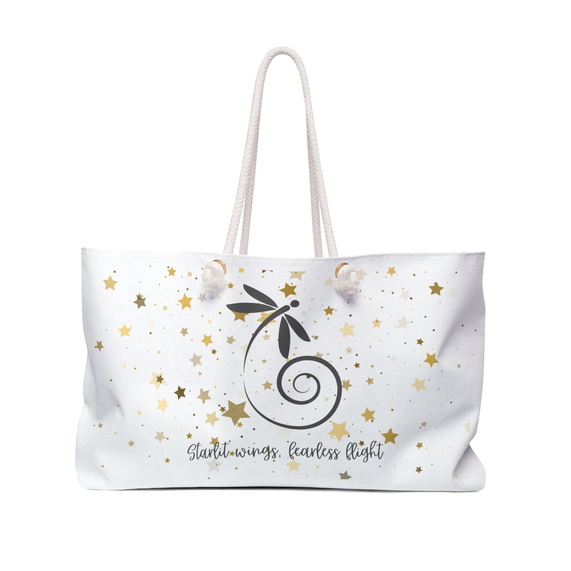 Dragonfly Weekender Bag – “Starlit Wings, Fearless Flight” – Celestial Overnight Bag with Gold Stars – Inspirational Travel Tote