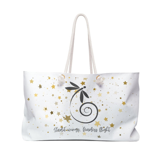 Dragonfly Weekender Bag – “Starlit Wings, Fearless Flight” – Celestial Overnight Bag with Gold Stars – Inspirational Travel Tote