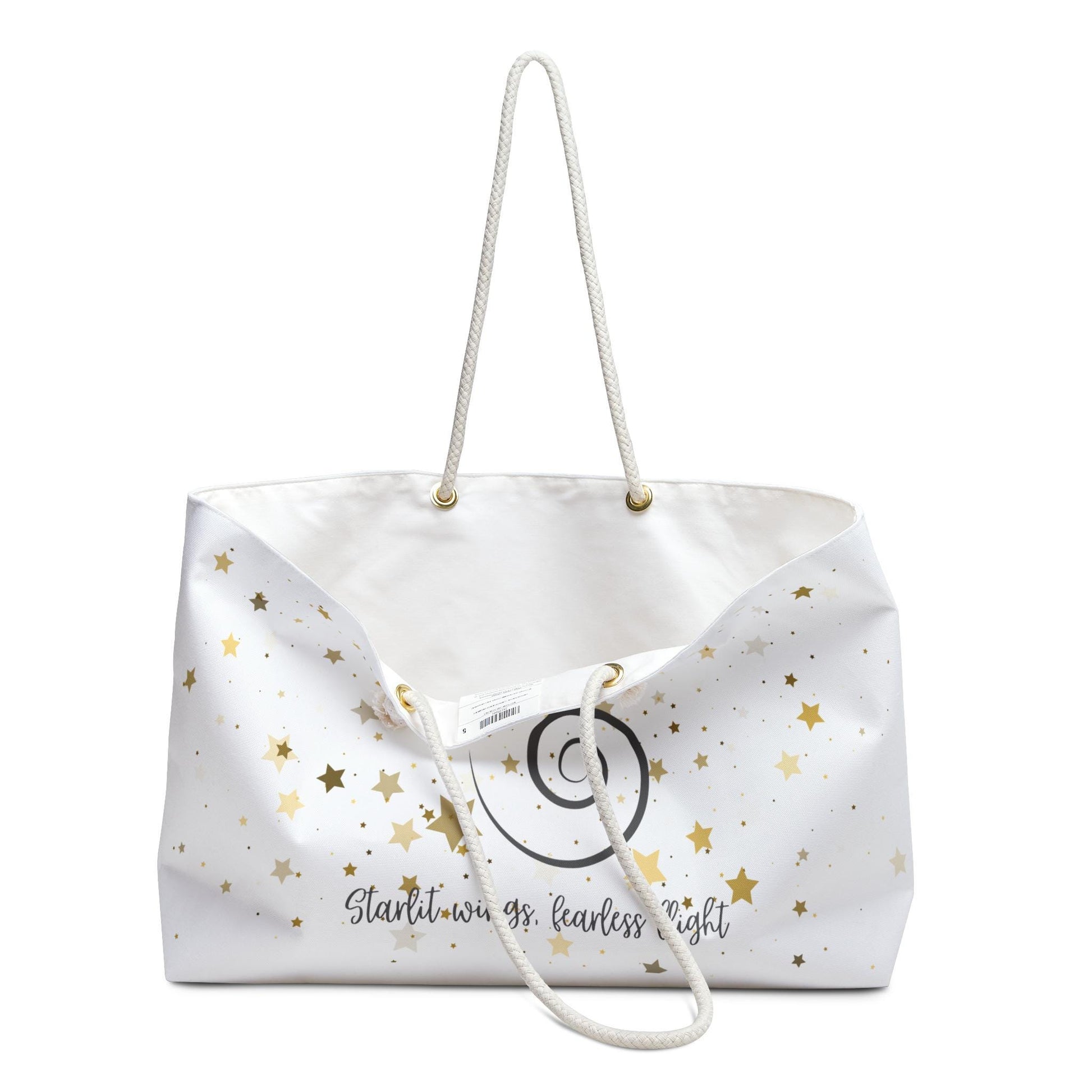 Dragonfly Weekender Bag – “Starlit Wings, Fearless Flight” – Celestial Overnight Bag with Gold Stars – Inspirational Travel Tote