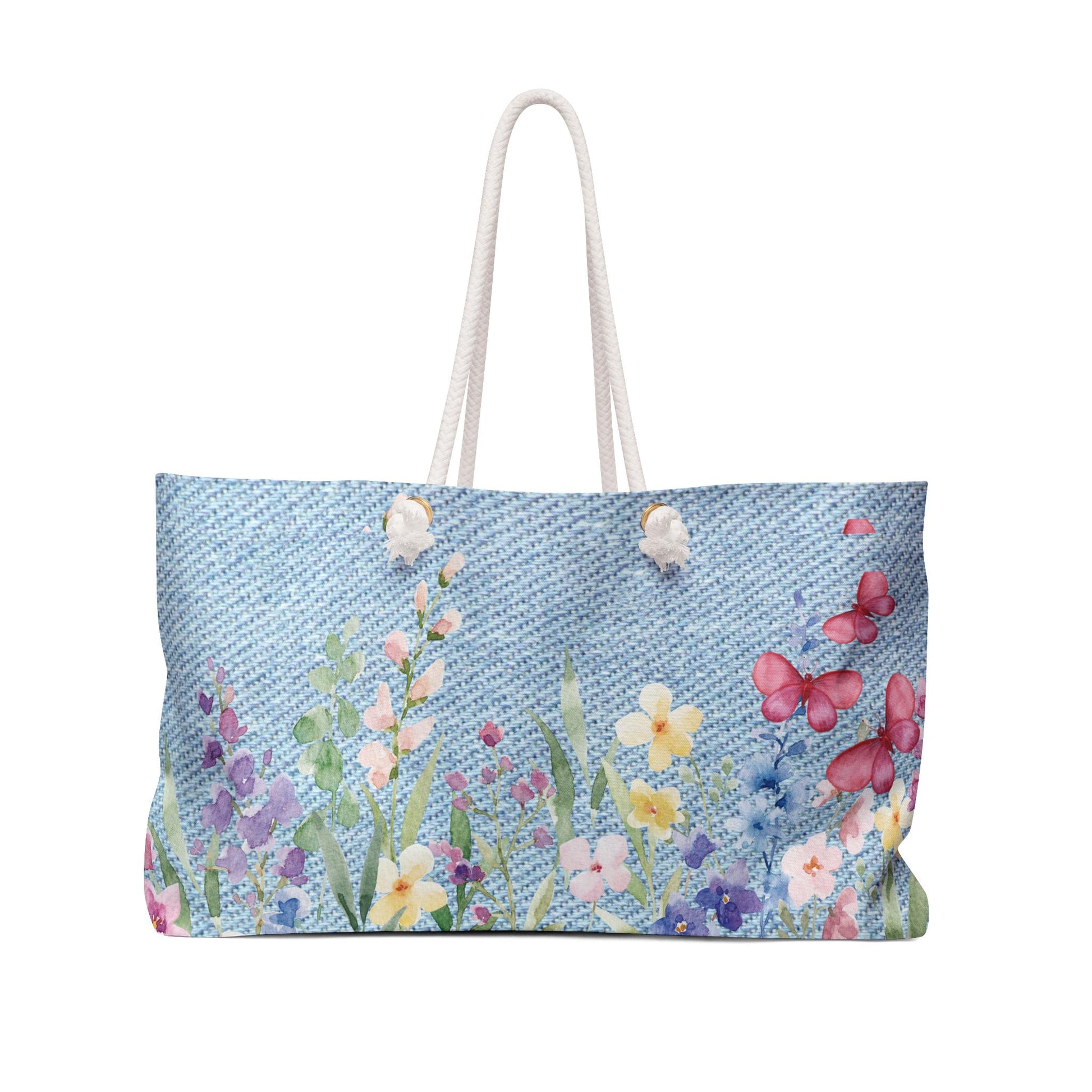 Floral Butterfly Weekender Bag - Watercolor Flower Travel Tote- Denim Style Overnight Bag -Spring Boho Beach Bag-Gift for Her