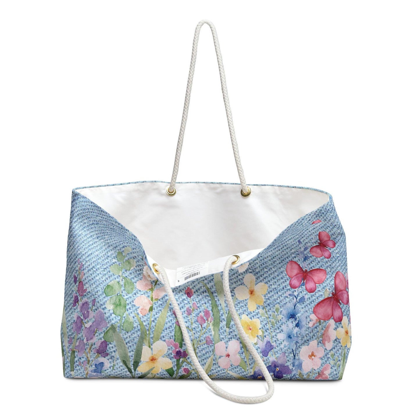 Floral Butterfly Weekender Bag - Watercolor Flower Travel Tote- Denim Style Overnight Bag -Spring Boho Beach Bag-Gift for Her
