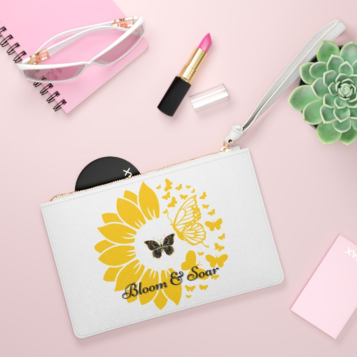 Bloom & Soar Clutch Bag, Floral Makeup Pouch, Butterfly Wristlet, Cute Gift for Her, Spring Party Accessory