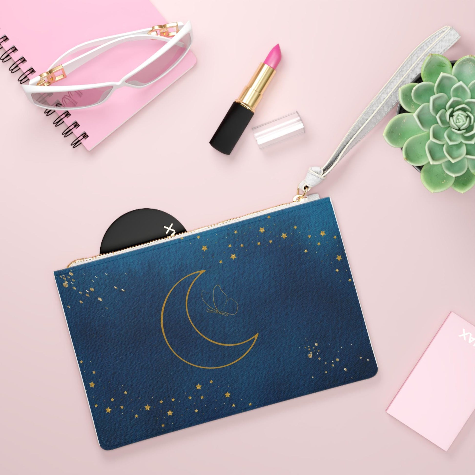 Celestial Clutch Bag, Moon and Stars Design, Boho Cosmetic Pouch, Night Sky Evening Purse, Gift for Her, Stylish Accessories