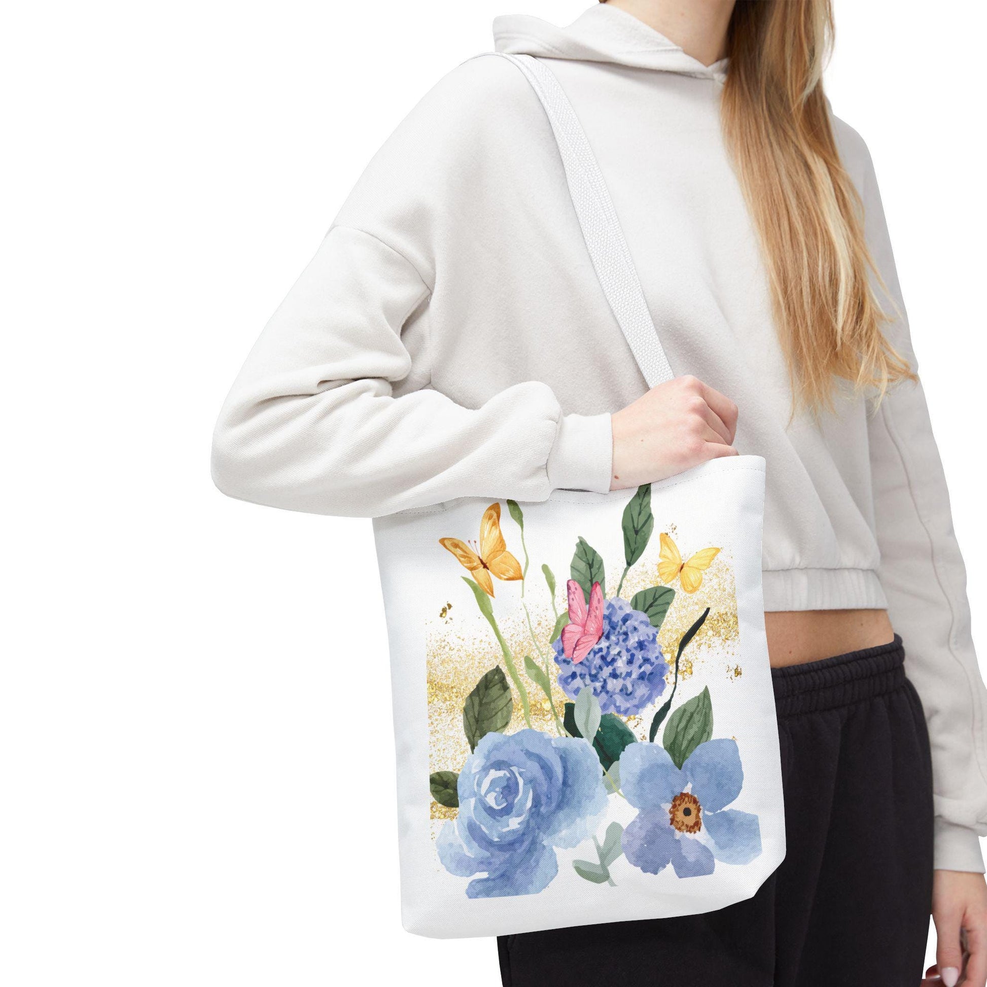 Butterfly and Floral Tote Bag- Watercolor Gold Sparkle Design- Reusable Market Bag-Stardust Cove Studio