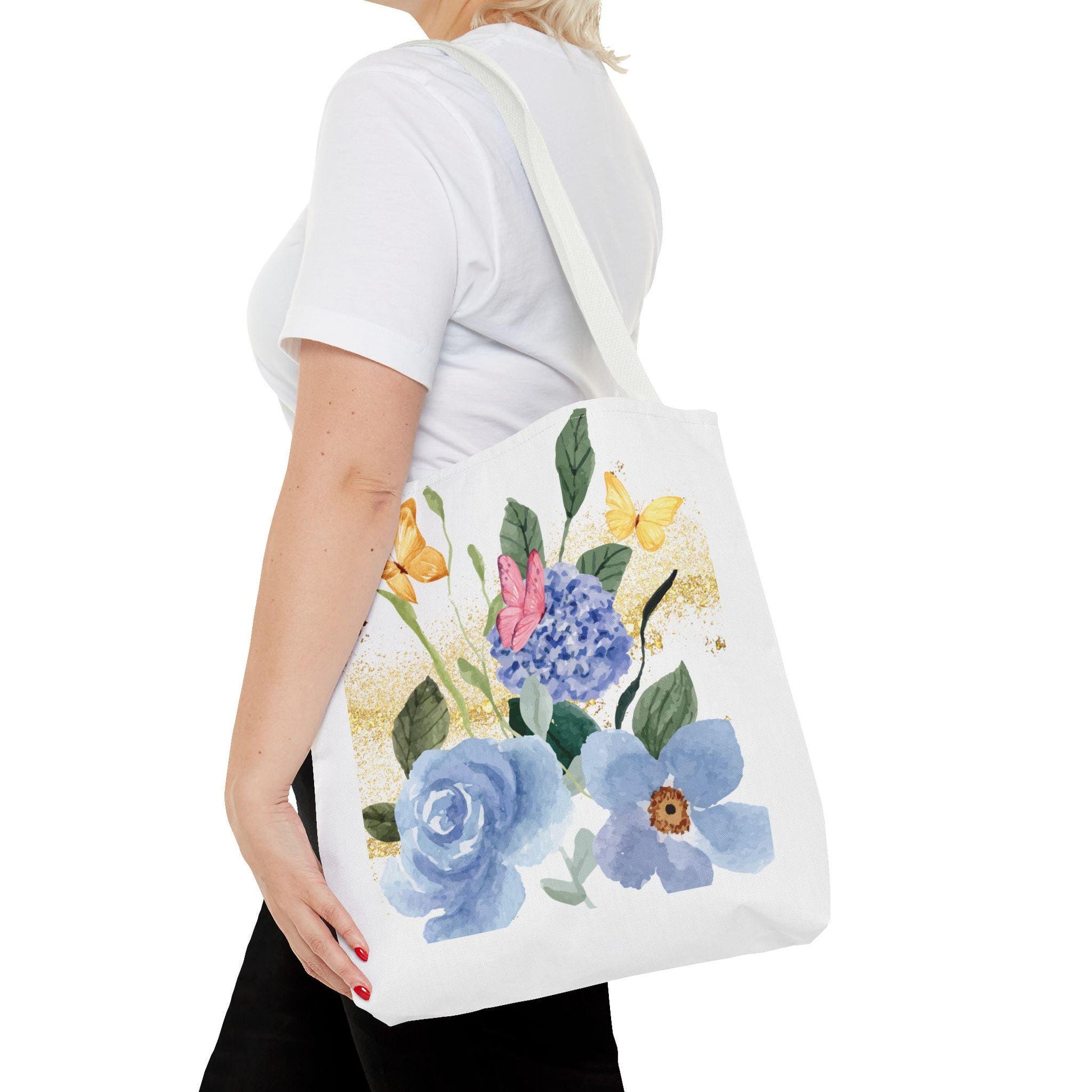 Butterfly and Floral Tote Bag- Watercolor Gold Sparkle Design- Reusable Market Bag-Stardust Cove Studio