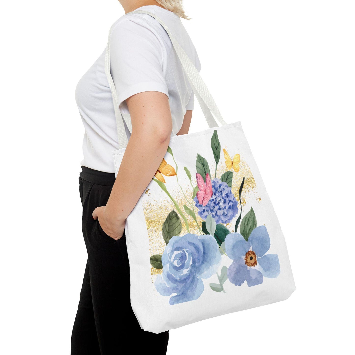 Butterfly and Floral Tote Bag- Watercolor Gold Sparkle Design- Reusable Market Bag-Stardust Cove Studio