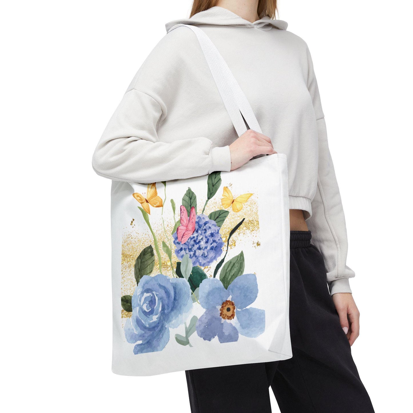 Butterfly and Floral Tote Bag- Watercolor Gold Sparkle Design- Reusable Market Bag-Stardust Cove Studio
