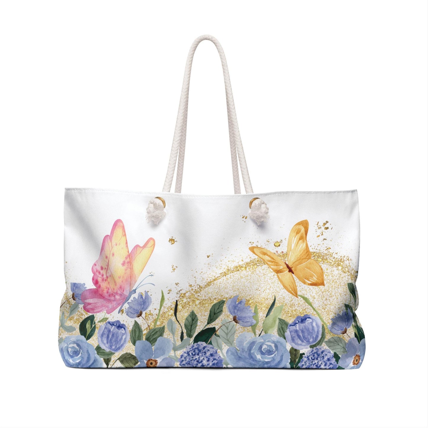 Butterfly Floral Weekender Bag - Large Beach Tote, Watercolor Blue Flowers, Gold Sparkle, Travel Bag Gift, Stardust Cove