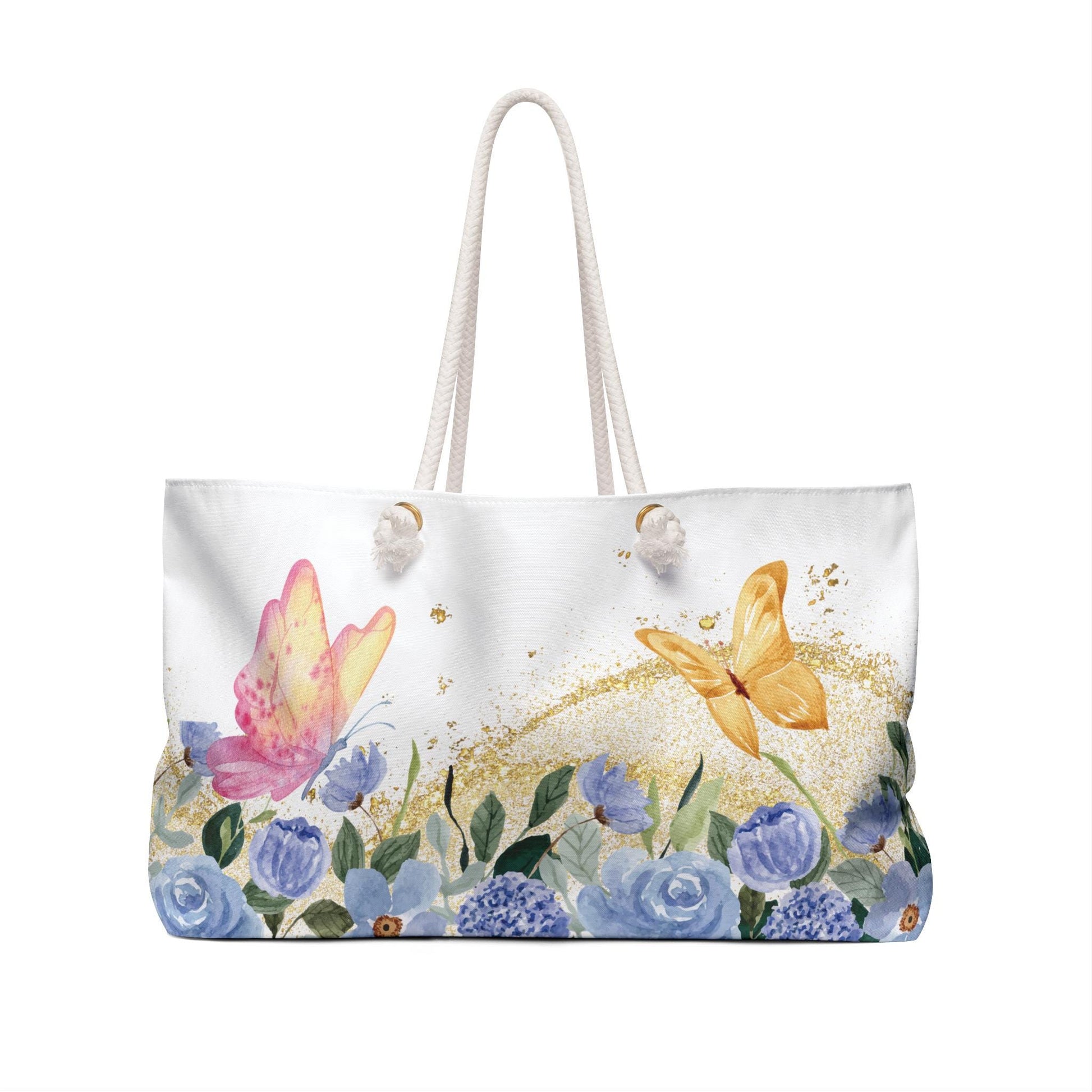 Butterfly Floral Weekender Bag - Large Beach Tote, Watercolor Blue Flowers, Gold Sparkle, Travel Bag Gift, Stardust Cove