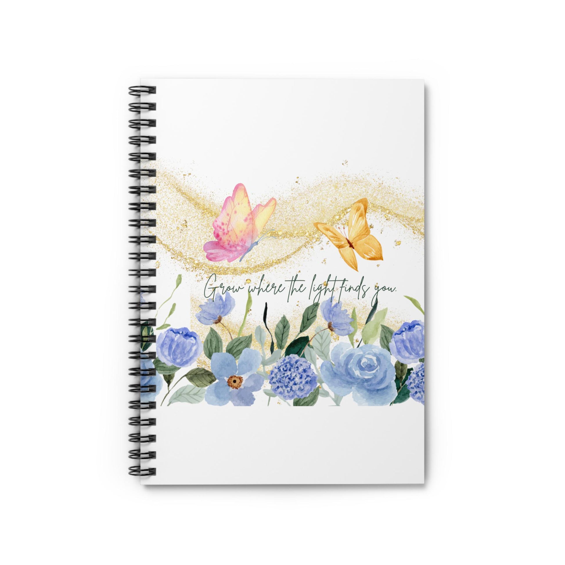 Inspirational Spiral Notebook - 'Grow Where the Light Finds You', Floral Butterfly Journal, Gift for Students, Nature Lovers, Spring,