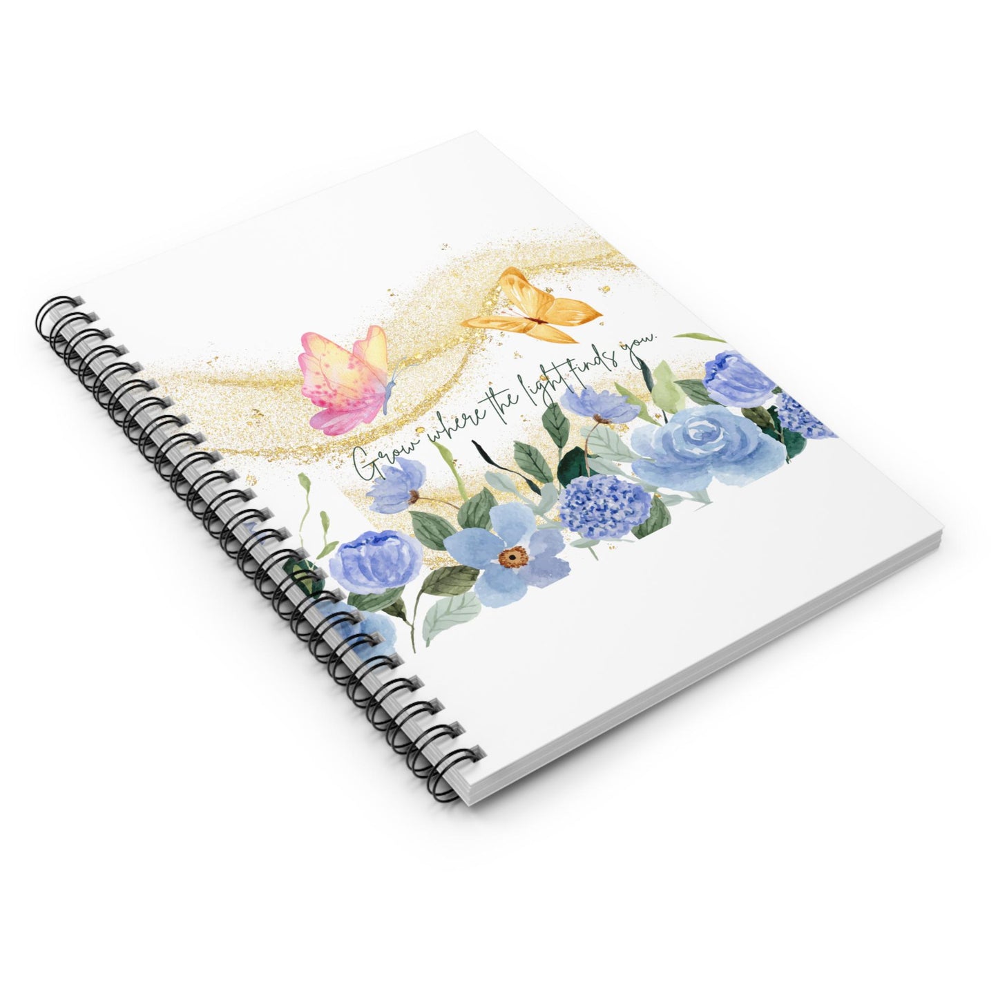 Inspirational Spiral Notebook - 'Grow Where the Light Finds You', Floral Butterfly Journal, Gift for Students, Nature Lovers, Spring,