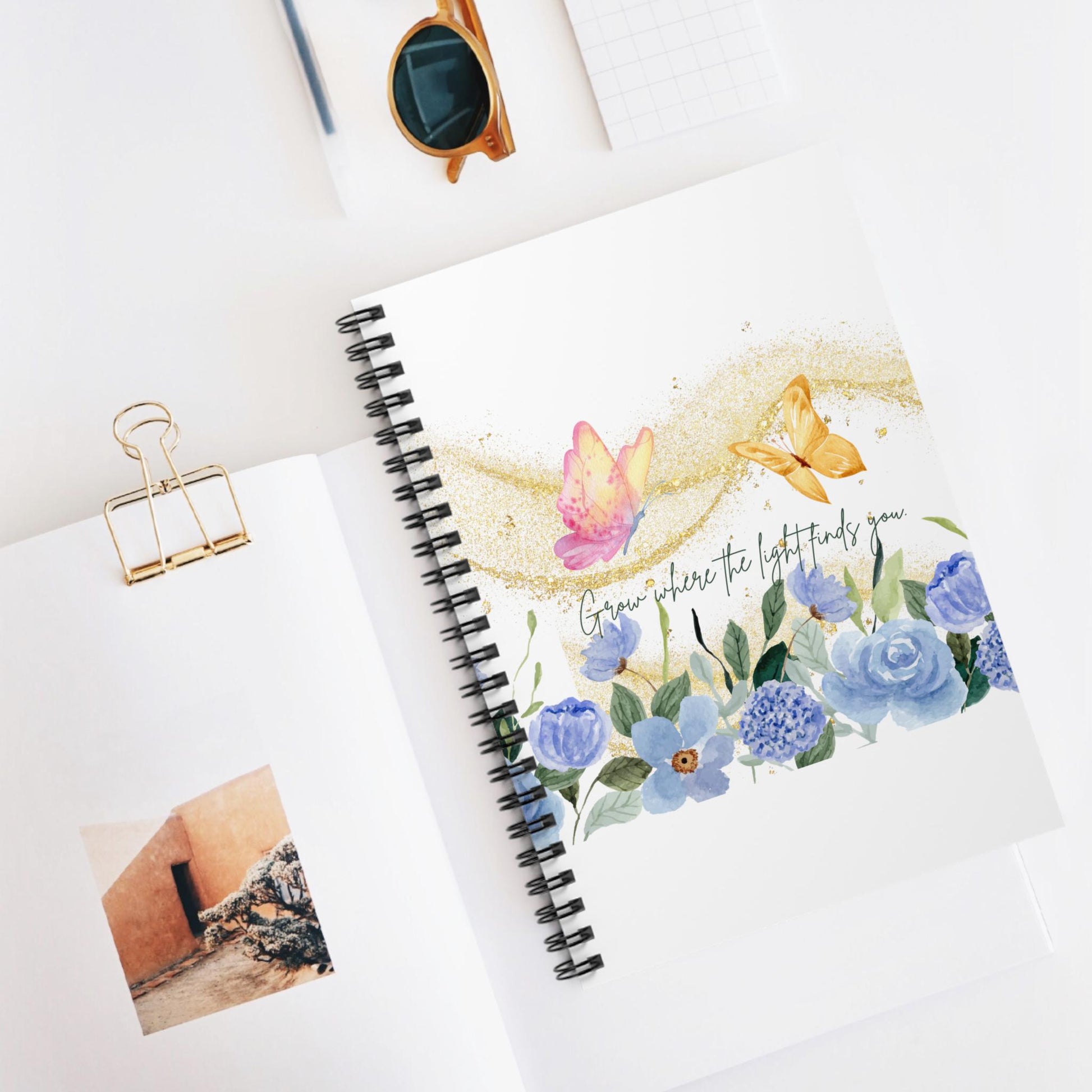 Inspirational Spiral Notebook - 'Grow Where the Light Finds You', Floral Butterfly Journal, Gift for Students, Nature Lovers, Spring,
