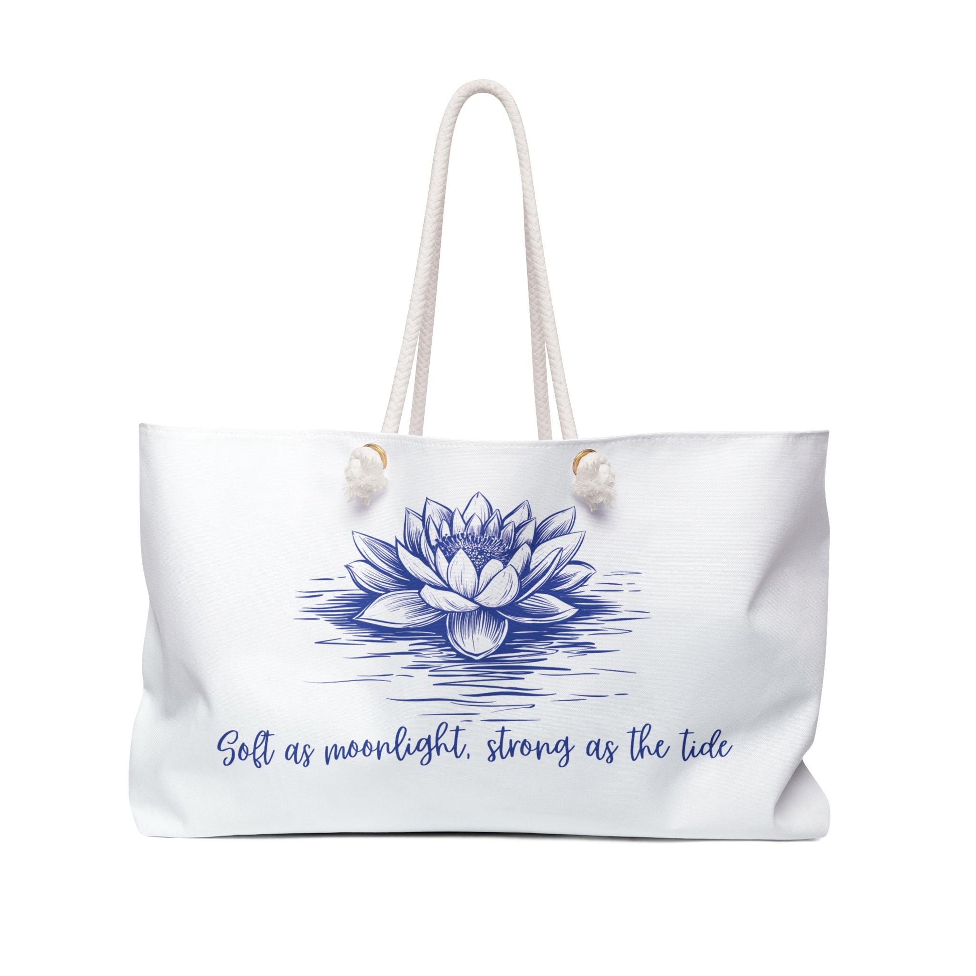 Water Lily Weekender Bag - Blue and White Floral Tote Soft as Moonlight Strong as the Tide, Travel Duffle, Overnight Bag, Beach Bag, Yoga
