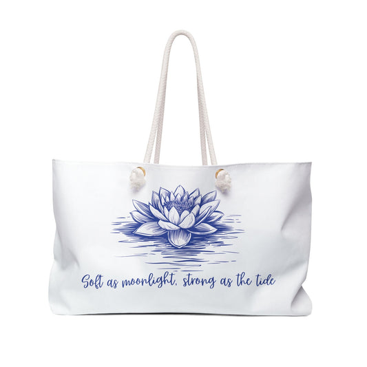 Water Lily Weekender Bag - Blue and White Floral Tote Soft as Moonlight Strong as the Tide, Travel Duffle, Overnight Bag, Beach Bag, Yoga