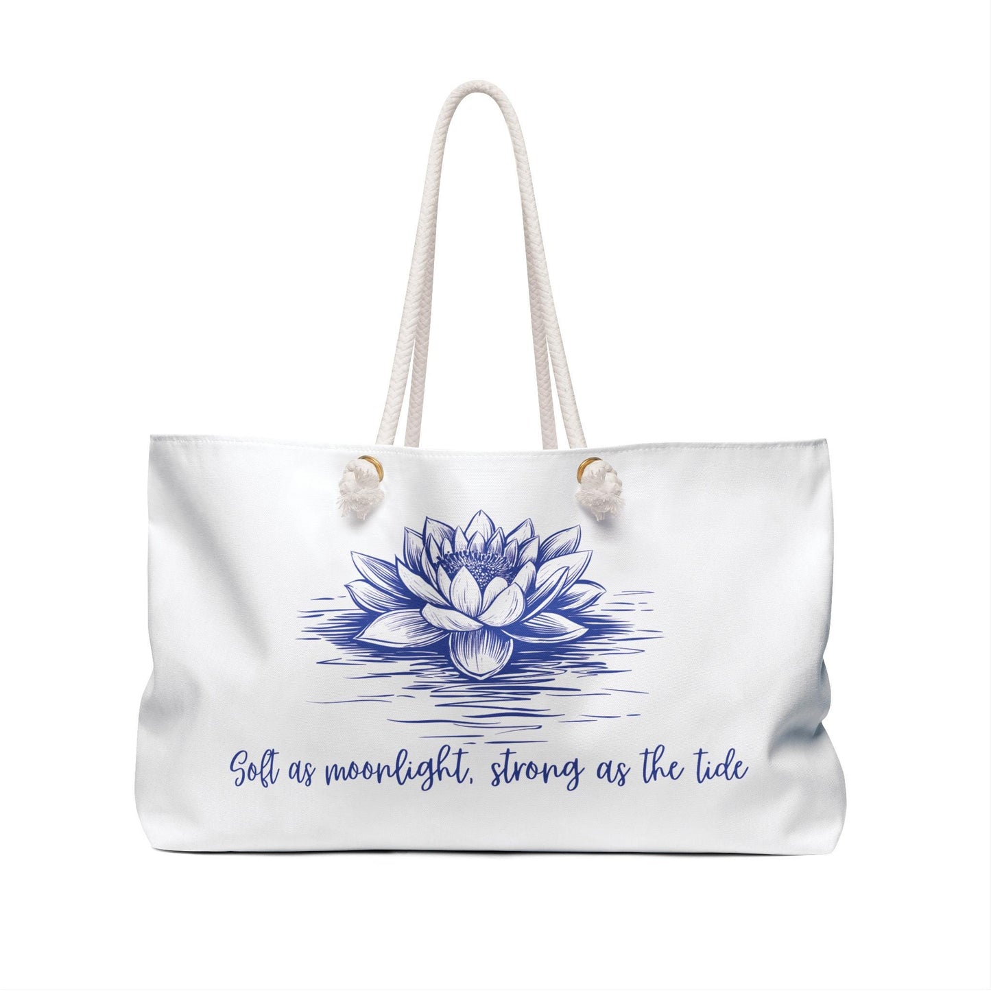Water Lily Weekender Bag - Blue and White Floral Tote Soft as Moonlight Strong as the Tide, Travel Duffle, Overnight Bag, Beach Bag, Yoga