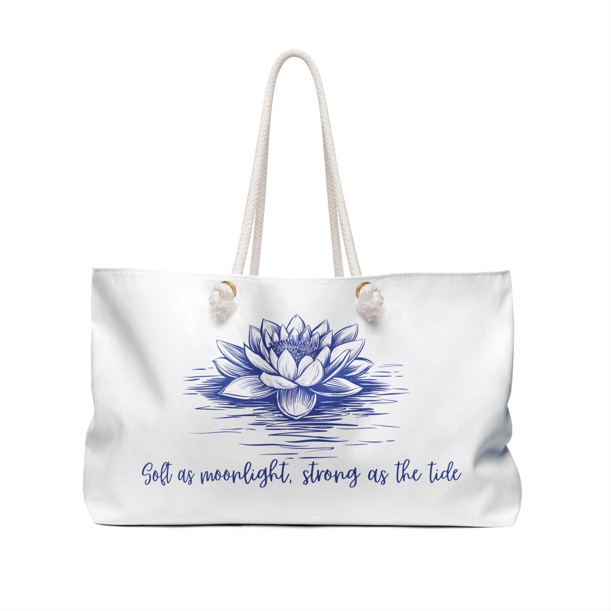 Water Lily Weekender Bag - Blue and White Floral Tote Soft as Moonlight Strong as the Tide, Travel Duffle, Overnight Bag, Beach Bag, Yoga