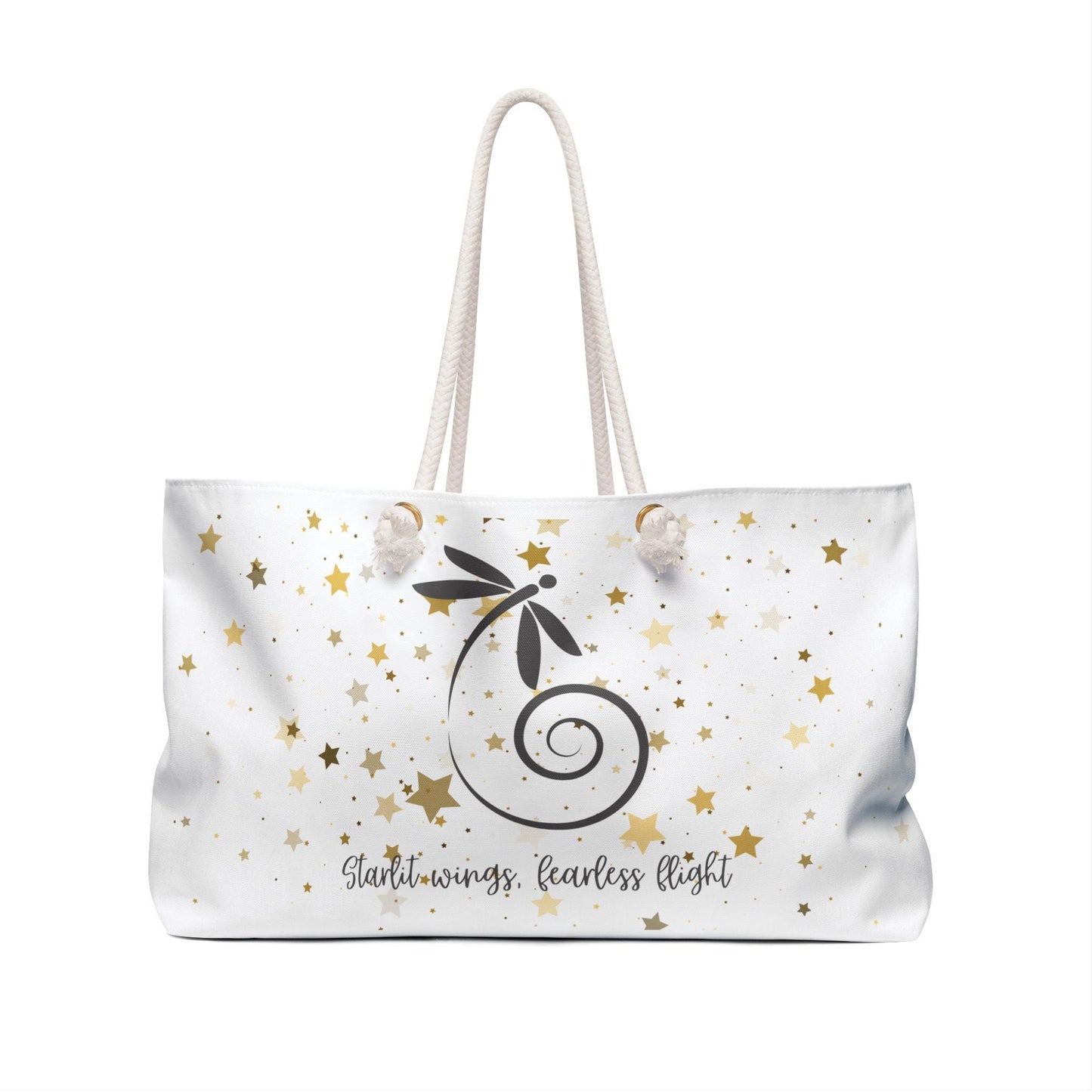 Dragonfly Weekender Bag – “Starlit Wings, Fearless Flight” – Celestial Overnight Bag with Gold Stars – Inspirational Travel Tote