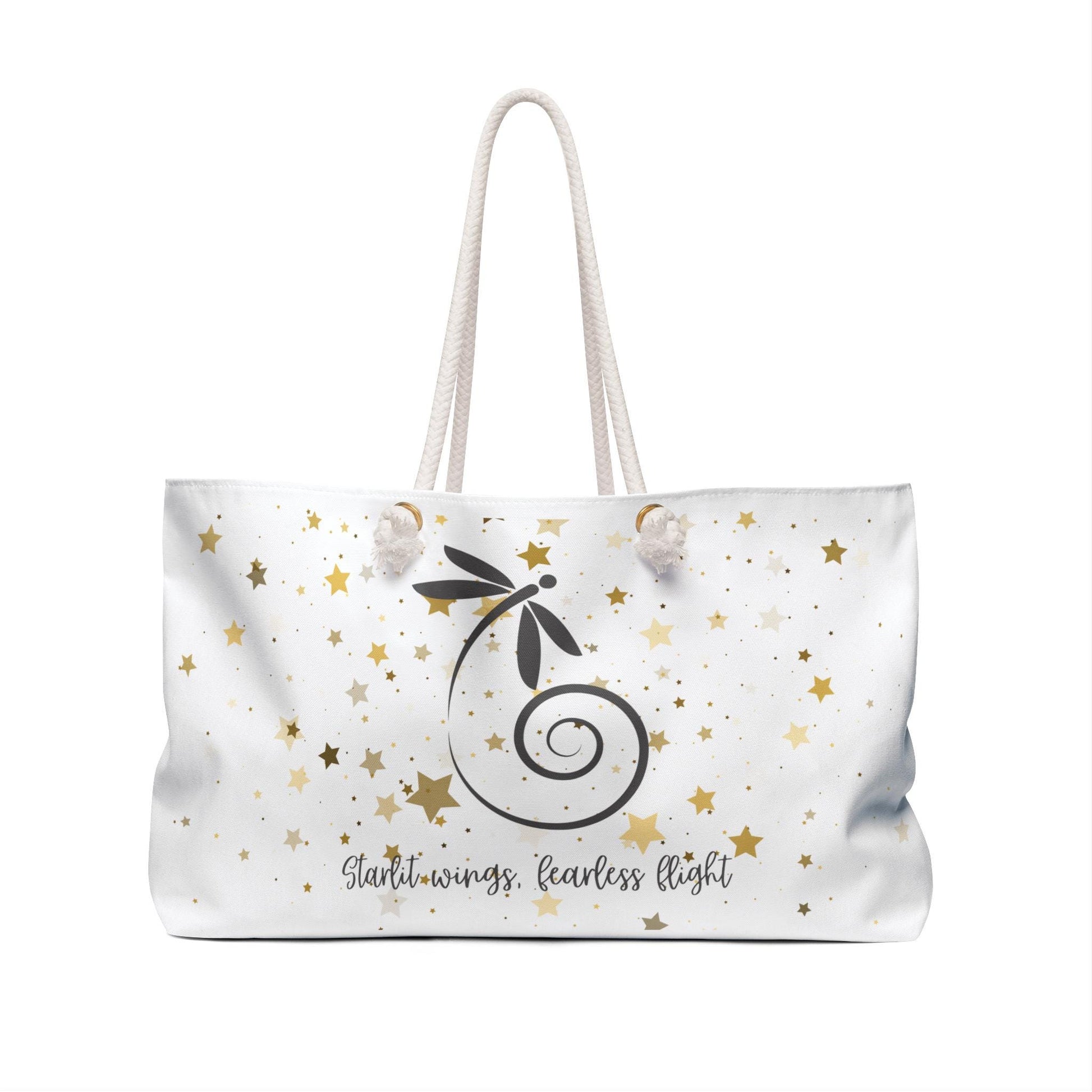 Dragonfly Weekender Bag – “Starlit Wings, Fearless Flight” – Celestial Overnight Bag with Gold Stars – Inspirational Travel Tote